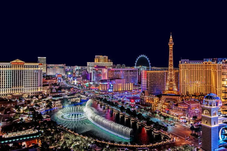 Panoramic view of Las Vegas strip at night in Nevada.
