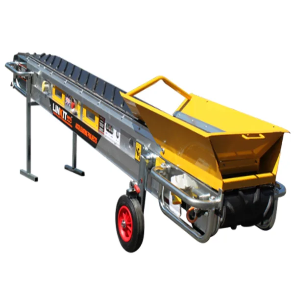 Portable construction conveyor with yellow hopper and wheels.