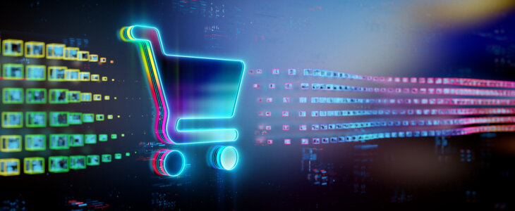 Digital cart icon on future tech background. Online shopping evolution. Futuristic shopping cart icon in world of technological progress and innovation. CGI 3D render