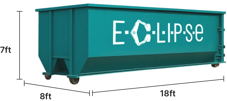 "Large teal Eclipse dumpster, 18ft long and 7ft tall."