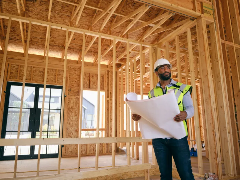 A construction worker inspecting a home